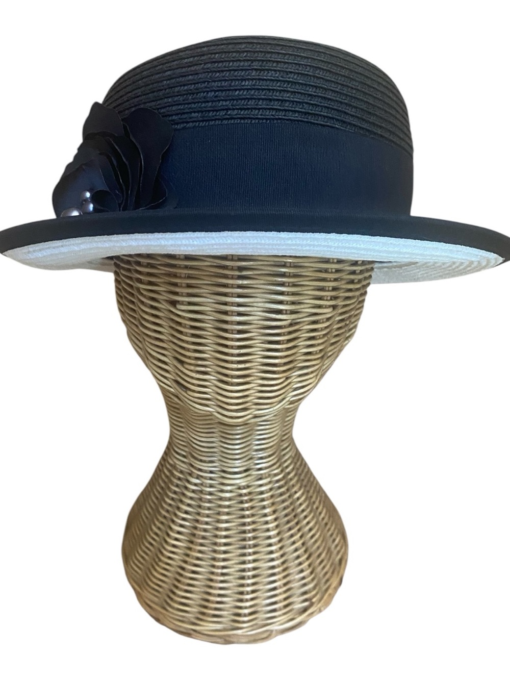 Nine West Womens Black White Straw Boater Hat Wide Brim
